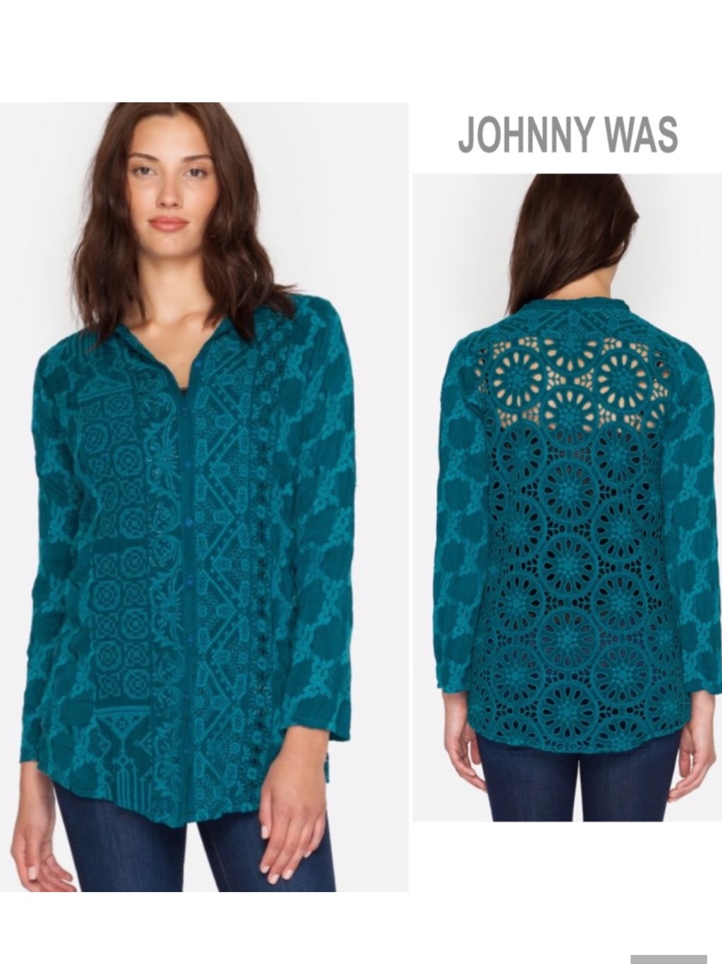 Johnny Was Eyelet Back Embroidered Teal Blue Top Size L